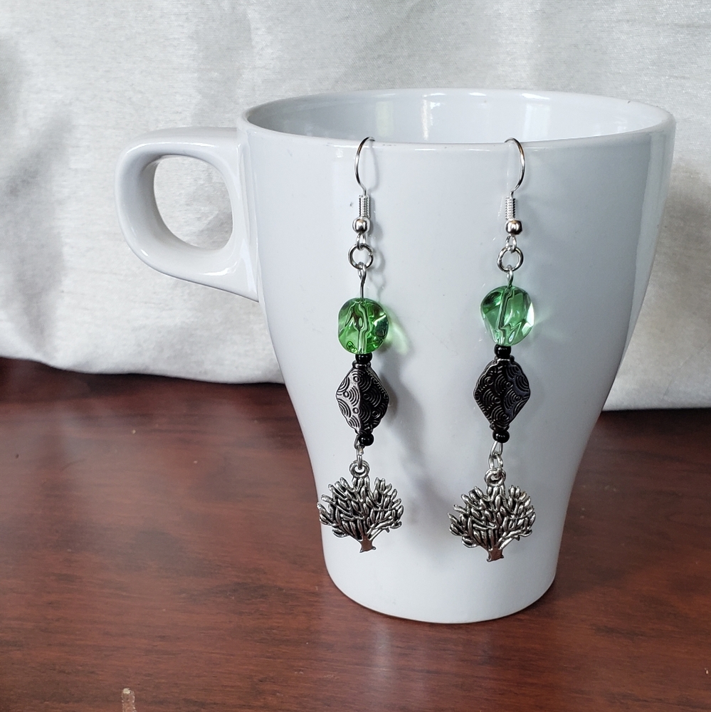 Tree of Life Silver Earrings with green beading